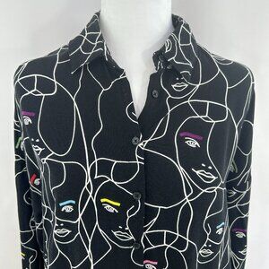 Twik Abstract Face Print Black Button-Up Blouse - Medium